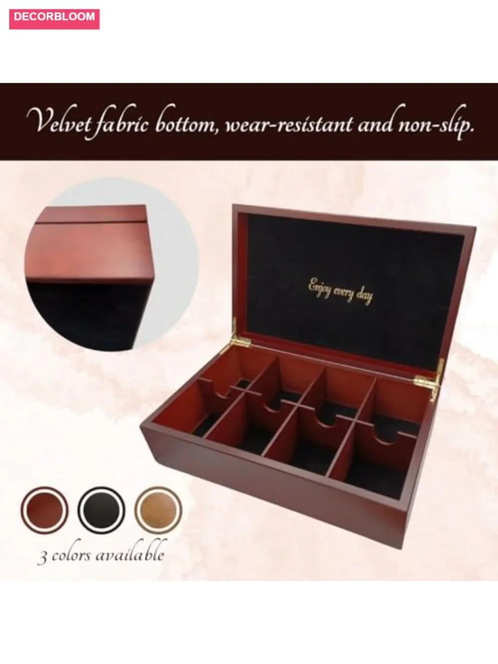 Wooden Tea Box - 8-Compartment Tea Organizer with Removable Dividers